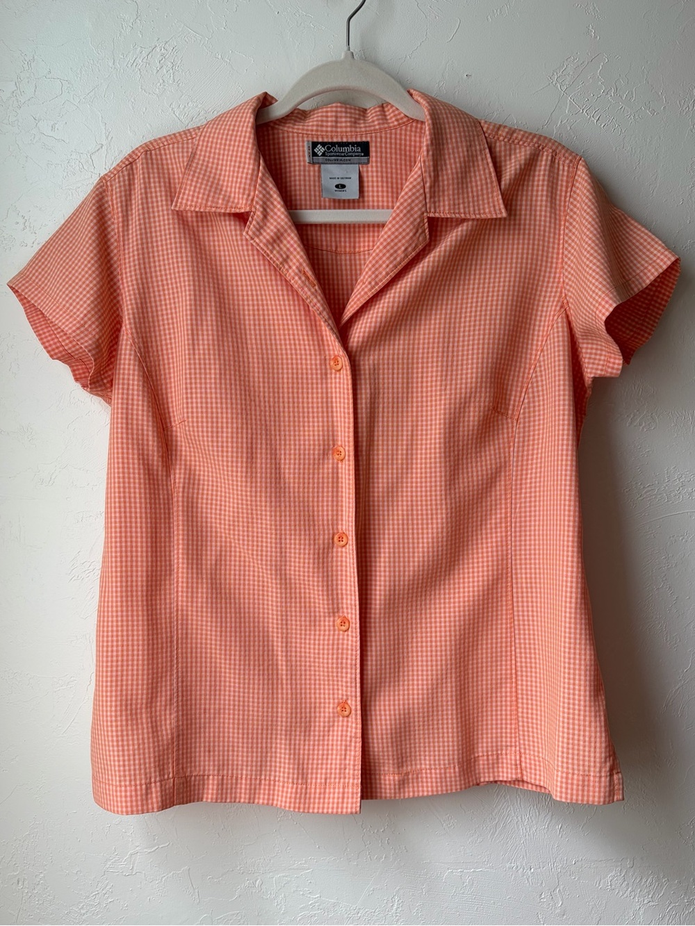 Columbia Coral Gingham Button Front Short Sleeve Outdoor Shirt Women’s Large